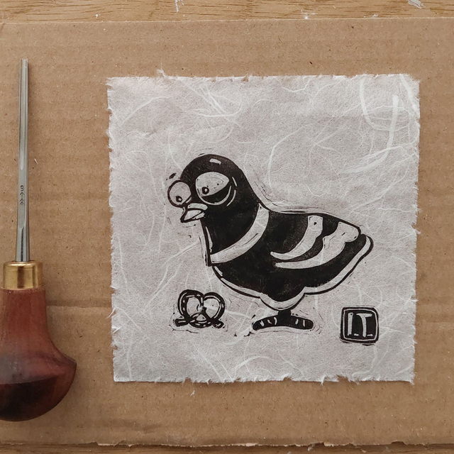 Pigeon and pretzel - linocut - Handprinted