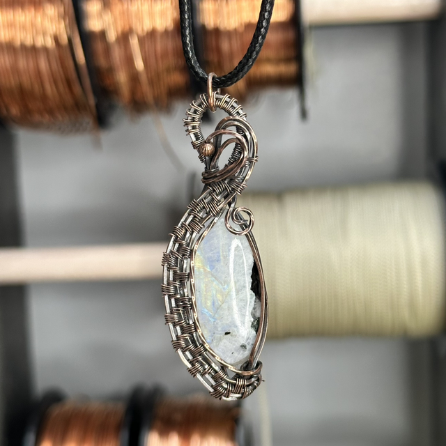 Rainbow moonstone pure copper wrapped pendant 