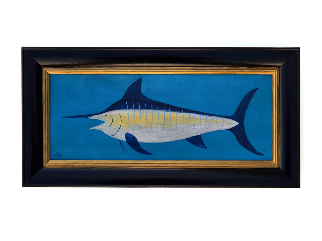 Naive Large Blue Marlin Folk Art Painting On Board – Fish Nautical Coastal Decor By Matt Rix