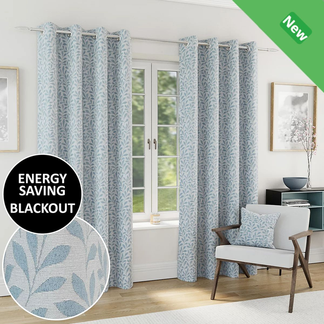 Enhanced Living Sherwood Ice Blue 100% Blackout Jacquard Leaf Readymade Eyelet Curtains