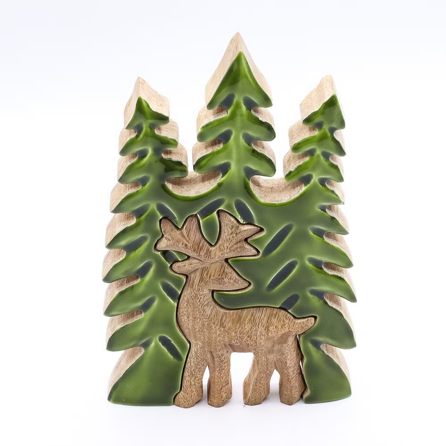 Perdido na Floresta - Veado na Floresta Decoração 3D em Madeira - 25x15cm