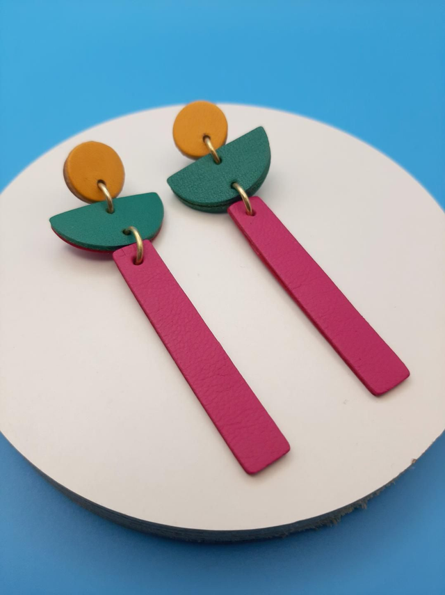 SALE! Long geometric drop earrings  - mustard / teal / purple 