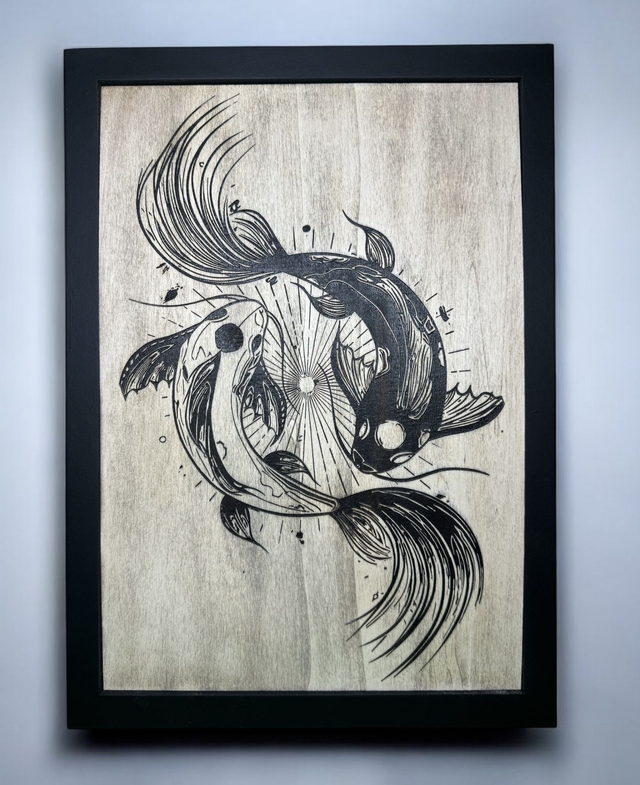 Tableau Gravure en Bois Carpe Koi Yin et Yang