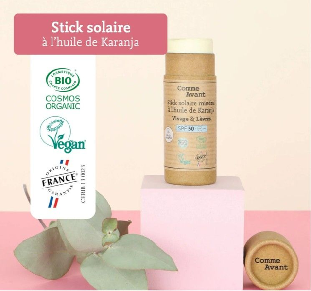 Stick solaire SPF50 minéral solide à l'huile de karanja "Comme Avant" 