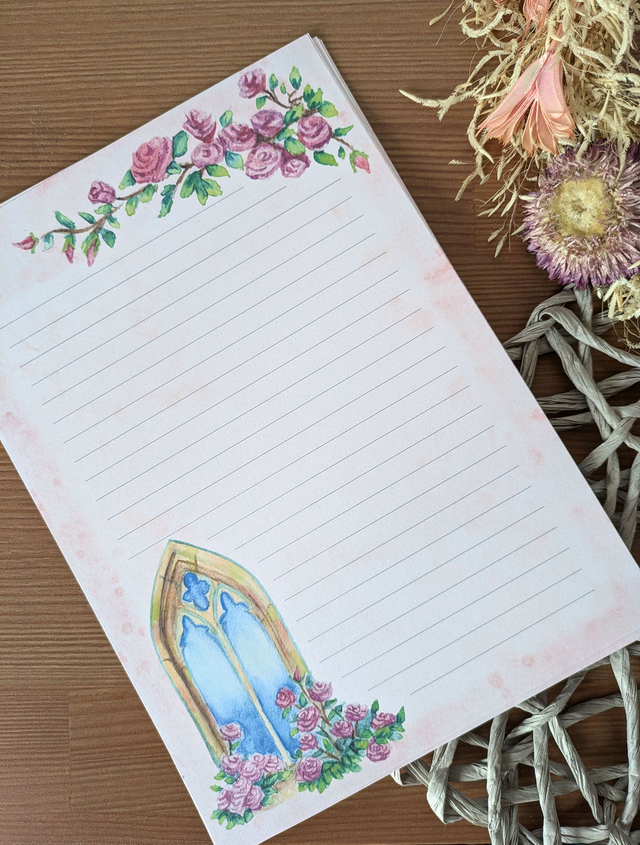 Papier à lettres gothique aux roses – Set artisanal fantasy