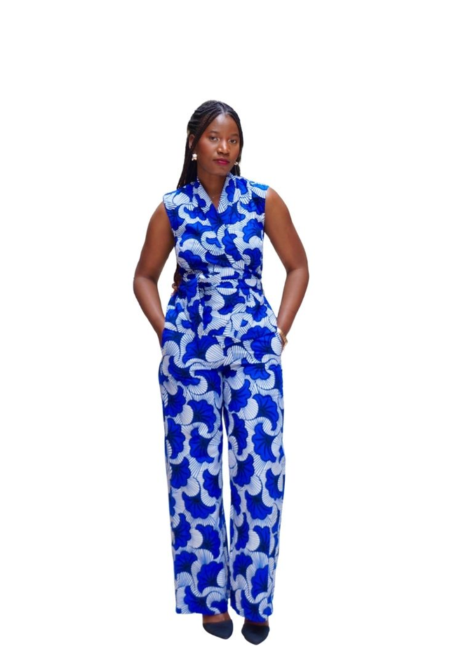 Pantalon large en wax "Fleur de mariage" bleu