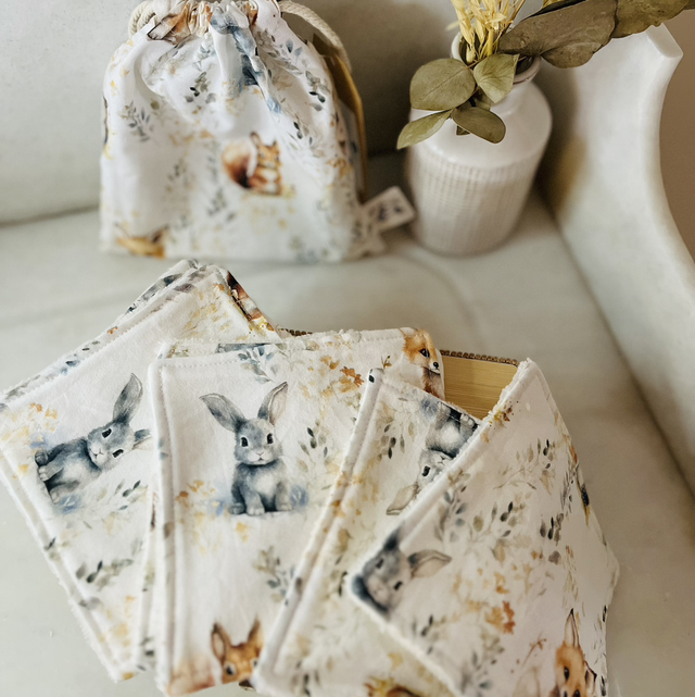 Pochon 7 lingettes lavables coton prémium/éponge bambou "Doux animaux"
