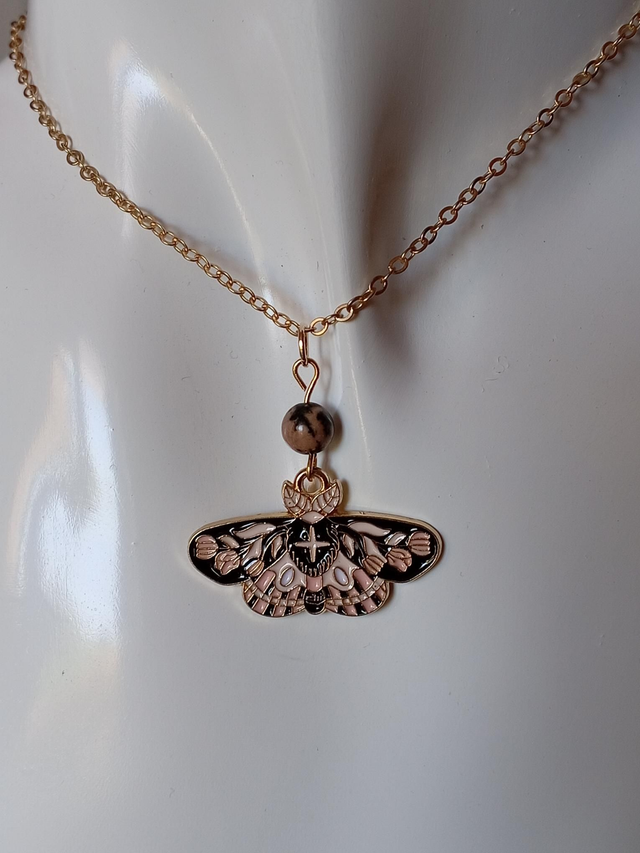 Rhodonite bead and Moth Charm Gold Necklace 