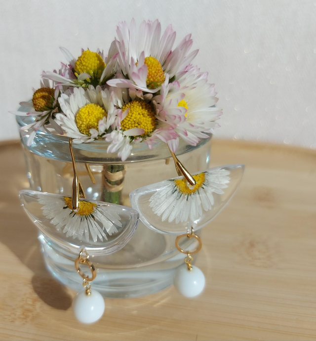 Boucles d'oreilles "Daysiline" pendantes Pâquerettes séchées  acier inoxydable doré