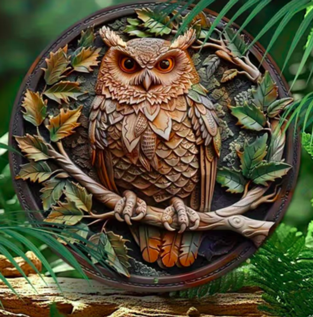 Wanddecoratie metalen bord Uil (20cm diameter)
