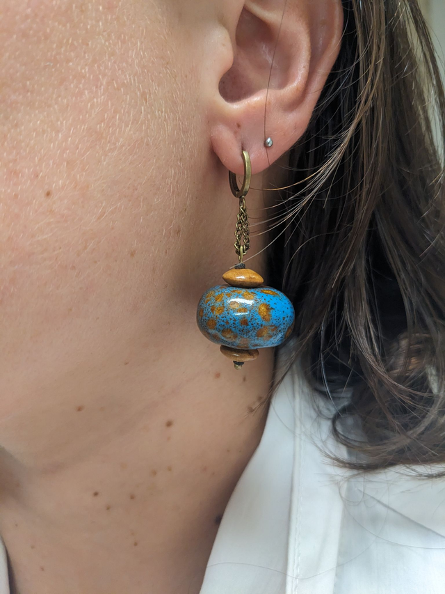 "Lanternes" Provencales - Céramique Bleue, Bois Olivier, Perle de Roche et Bronze