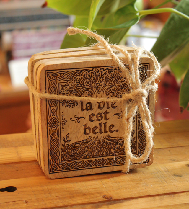 Lot de 4 sous-verres en bois / Les cœurs de Sophie