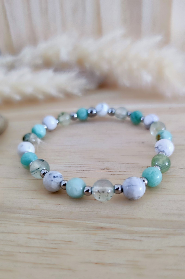 Bracelet "Bien-être et Protection" Calcédoine verte, Préhnite et Howlite