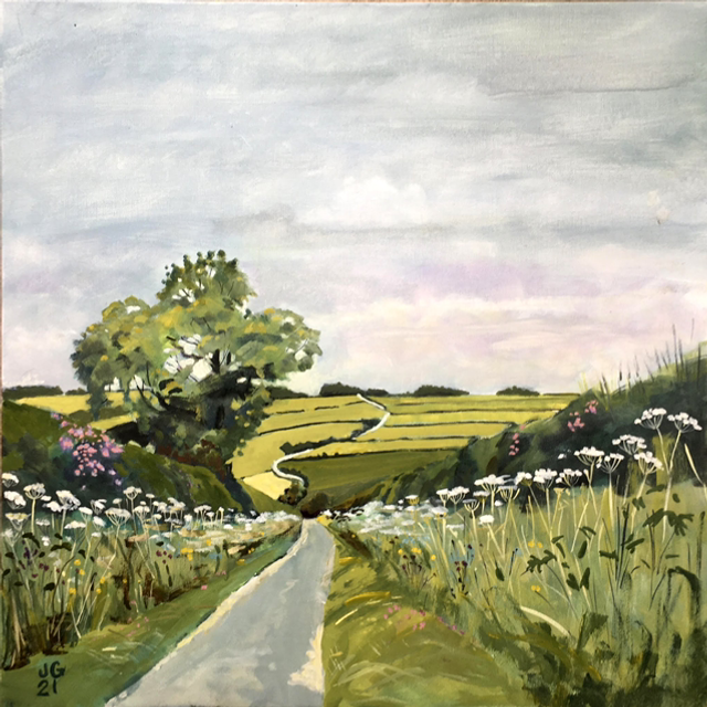 Towards Warter with ash tree, 24x24” original oil on canvas, del by arrangement.
