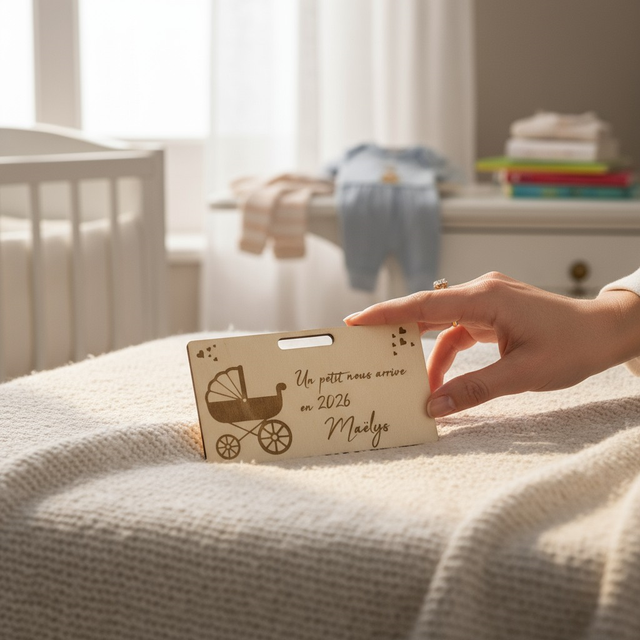 Carte cadeau enveloppe surprise annonce grossesse Landau, en bois gravé