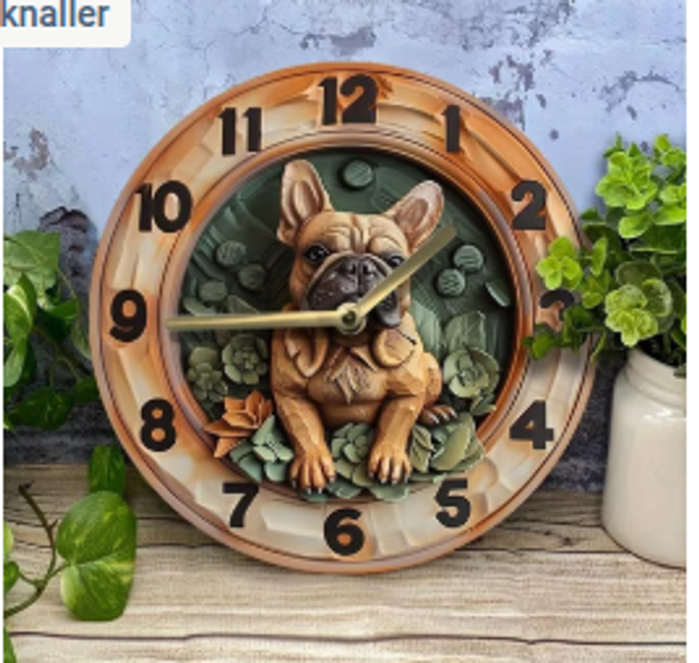 Vintage metalen klok Franse Bulldog (20cm diameter)