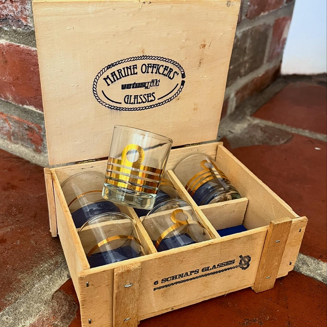 6 Vintage French Marine Officers’ Shot/ Schnapps Glasses In Miniature Crate 