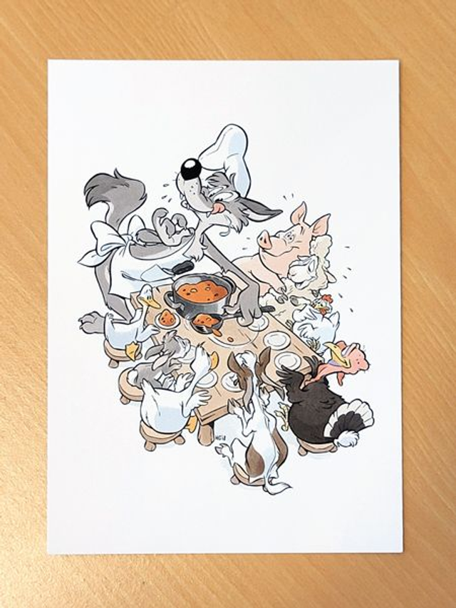 Postcard print Wolf's Dinner Party