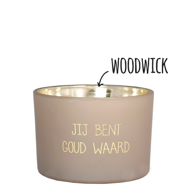 Geurkaars met houten lont (Woodwick) | Jij bent goud waard