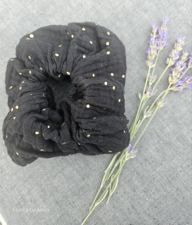 Chouchou double gaze noir et pois dorés 