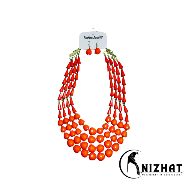 Lot de 5 colliers de perles pour femme + boucles d'oreilles fantaisie couleur orange 