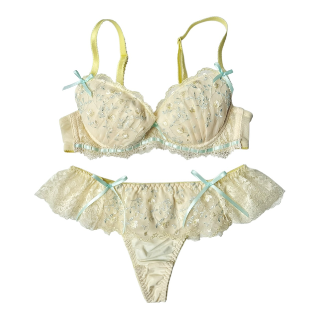 coquette floral garden butter yellow and blue bow embroidered bra and underwear set UK 32A, UK 32D 