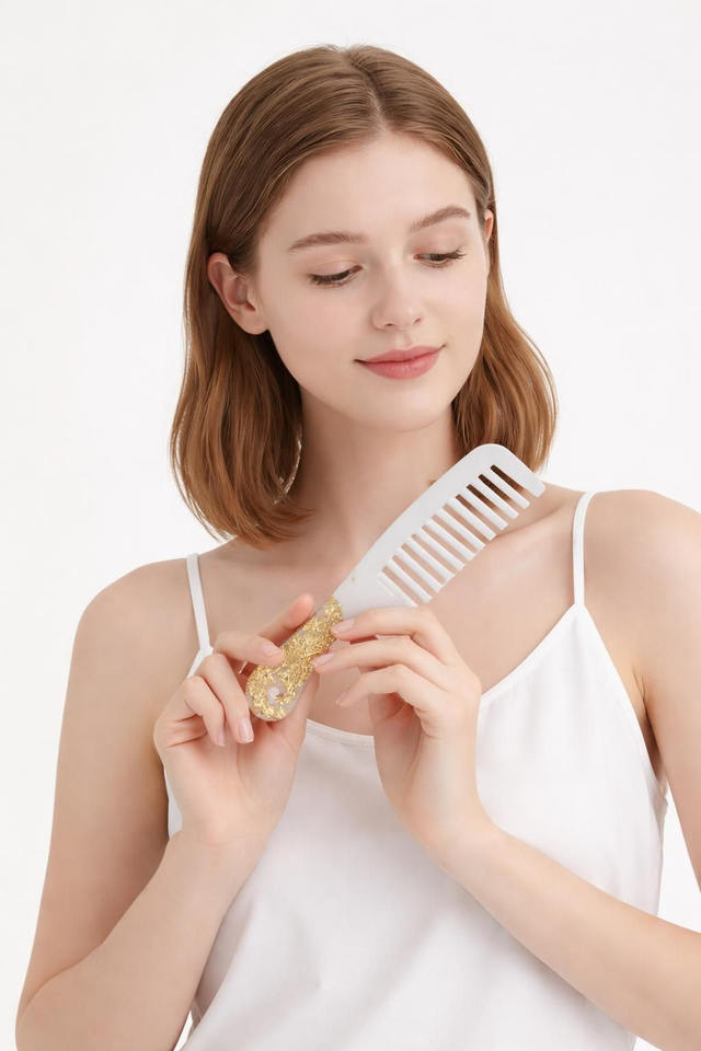 Peigne grand modèle avec manche Nacré et feuilles d'or 