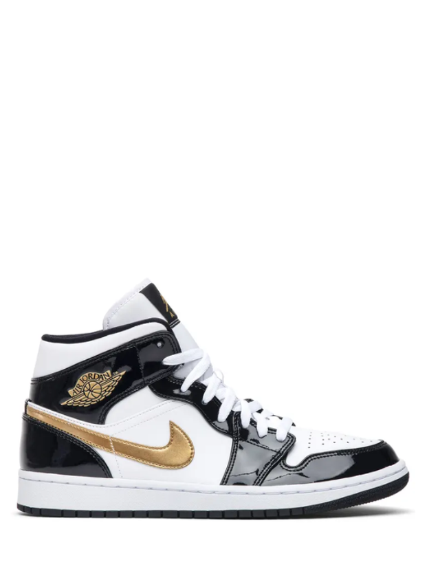 Air Jordan 1 Mid Patent Black White Gold (Taille 44)