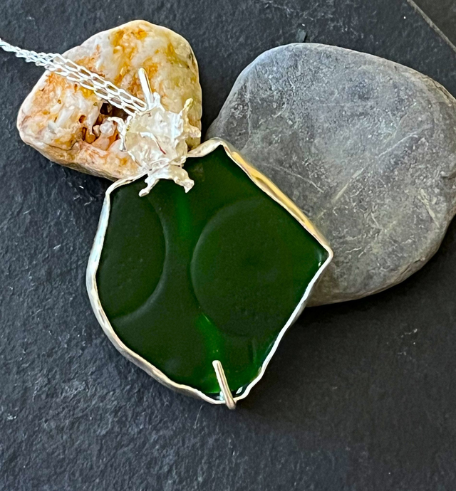 Olive Green Glass and Recycled Sterling Silver Pendant