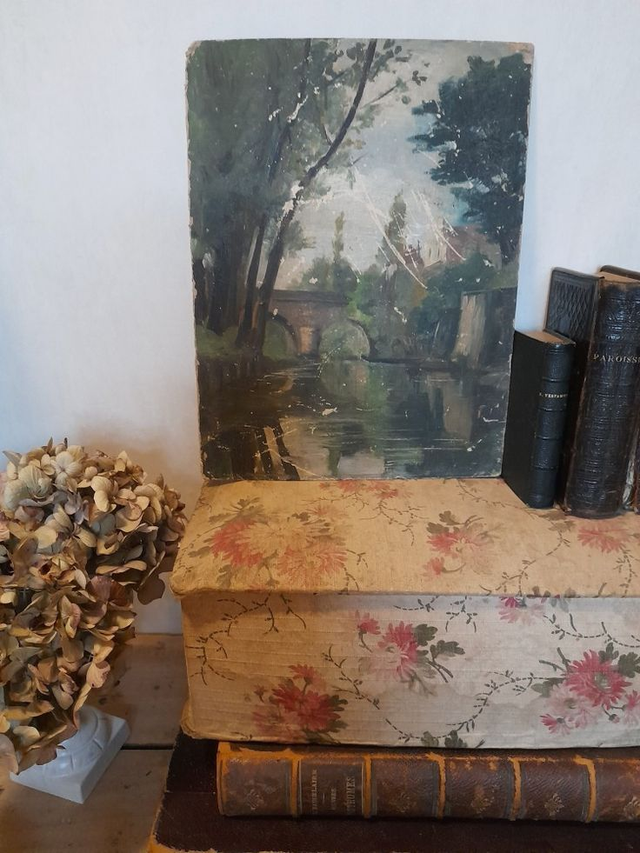 Peinture ancienne paysage bucolique