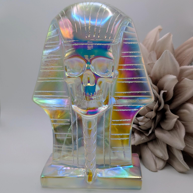 High Quality Hand Carved Crystal Pharoah Skull - 7" Aura Coated K9 Crystal 