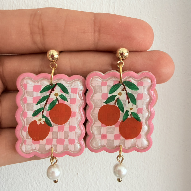 Pink Gingham Orange Pearl Earrings