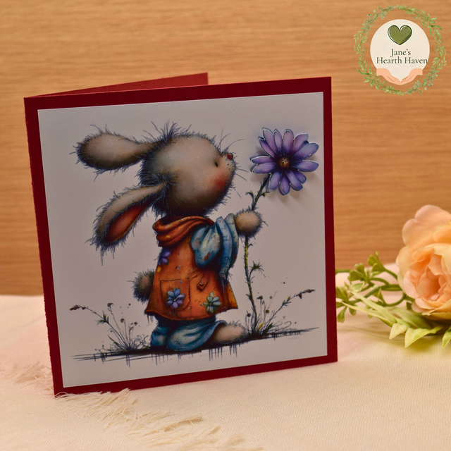 Whimsical Bunny 5 x 5 Card | Purple Flower Illustration on Deep Red Base