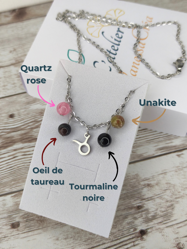 Collier Astro &quot;Taureau&quot; pierres naturelles