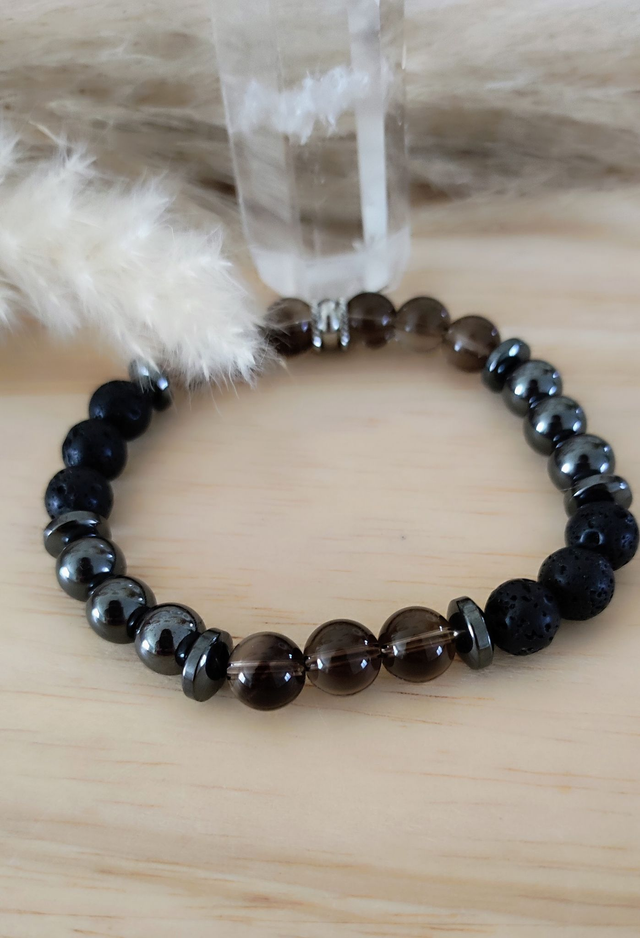 Bracelet "Confiance en soi" Quartz fumé, Hématite et Pierre de lave