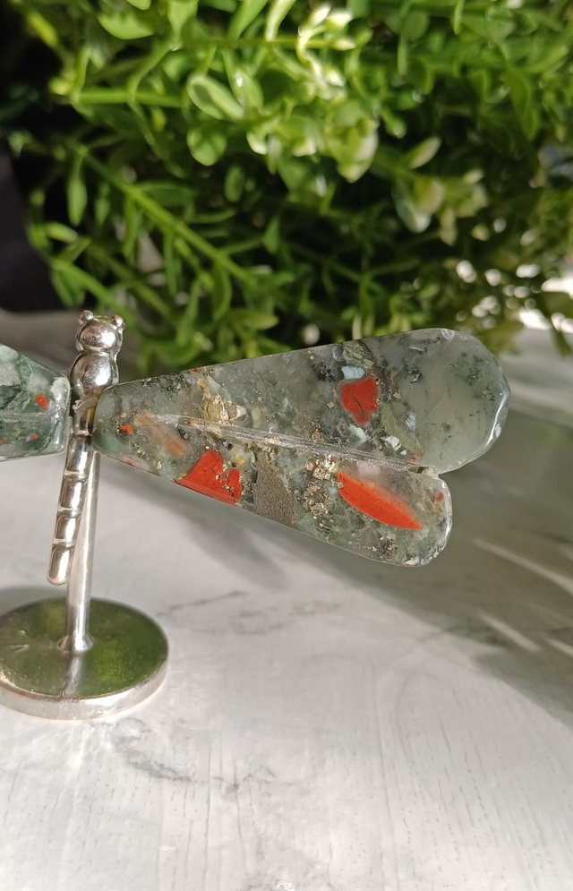African Bloodstone Dragonfly on Silver Standp