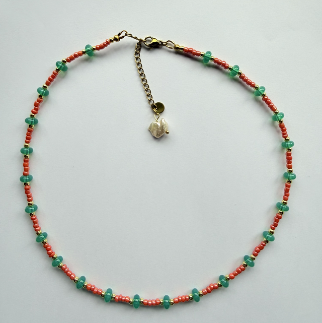 NALA - Coral Orange & Turquoise Beaded Choker Style Necklace