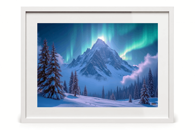 Photo encadrée Aurores Boréales – Tirage d’art qualité musée & décoration murale magique - Pic enneigé