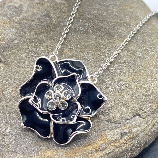 REFURBISHED Black Enamel Flower Sterling Silver Pendant Necklace 18"