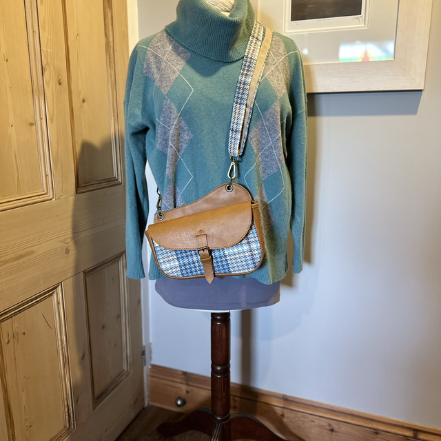 Tan Leather & Blue Check Saddle Bag