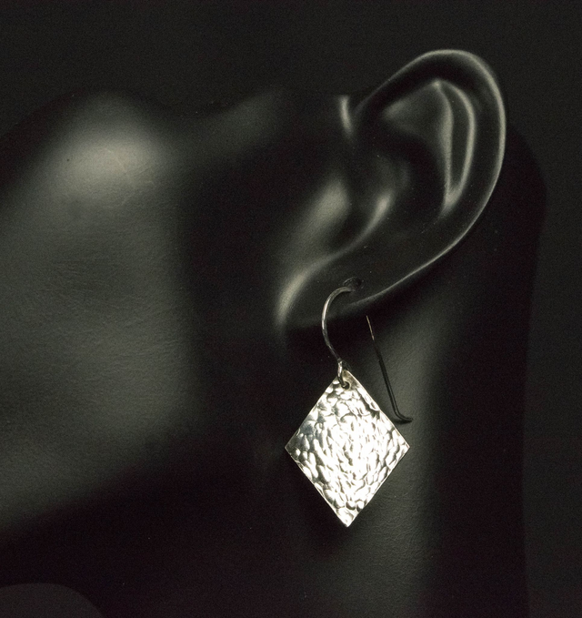 Silver Diamond Planished Drop Earrings
