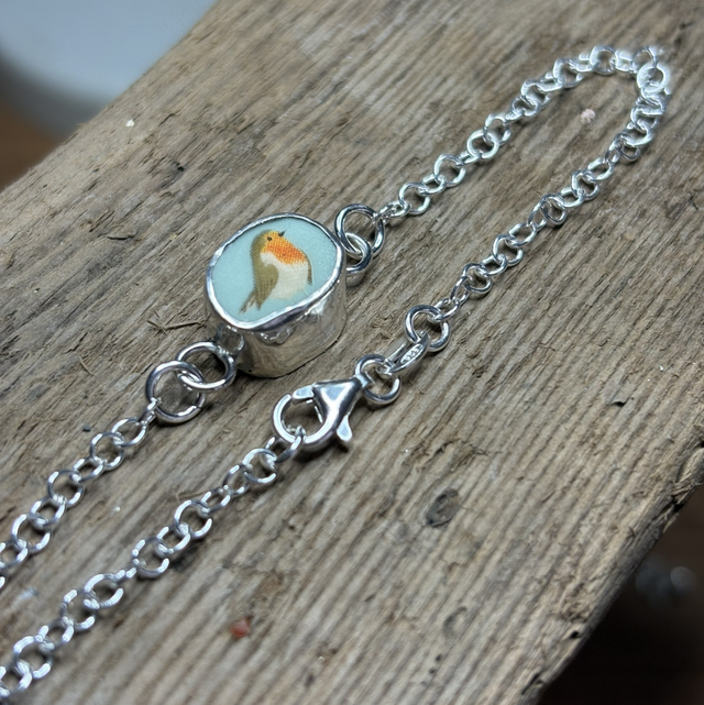 Recycled Pottery “Robin” & Recycled Silver Bracelet
