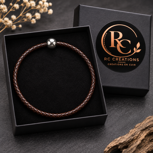 Collier Chocolat Intense – Cuir véritable tressé marron foncé – Taille M 39 cm