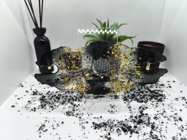 Support bouteille + verres noir et feuilles d&#039;or 