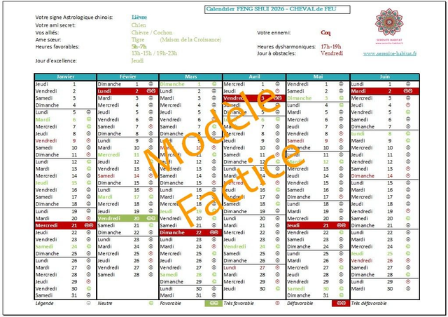Calendrier personnel astrologie Feng Shui 2026