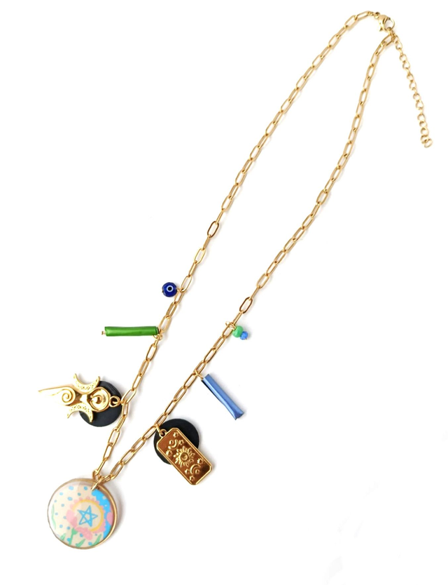 Collier à Breloques Upcyclé Carte de Tarot, Chambre à Air & Aluminium Recyclés - Pentagramme