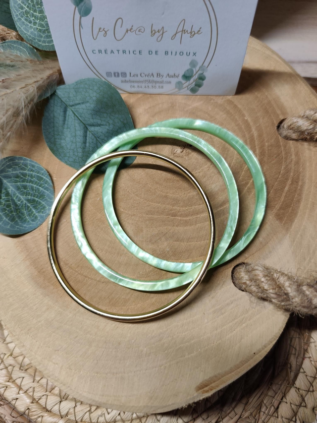 3 BRACELETS RESINE VERT/ACIER INOXY GOLD 0001190