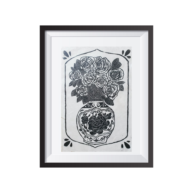Black Bouquet of Roses Linocut print