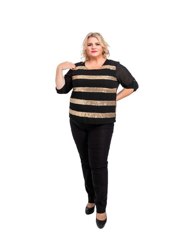 Plus-koos kulta-musta sifonkimainen juhlapusero