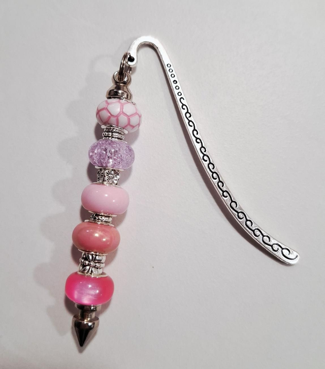 Pink and silver beaded bookmark 